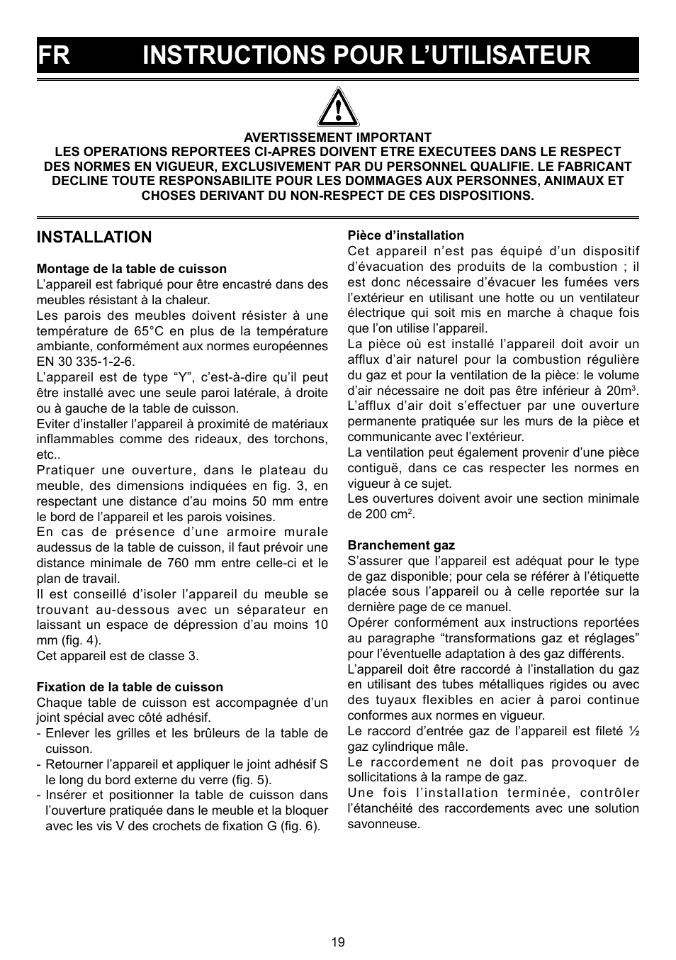 Fr instructions pour l’utilisateur, Installation | Bompani BO 210 VB/N User Manual | Page 19 / 36