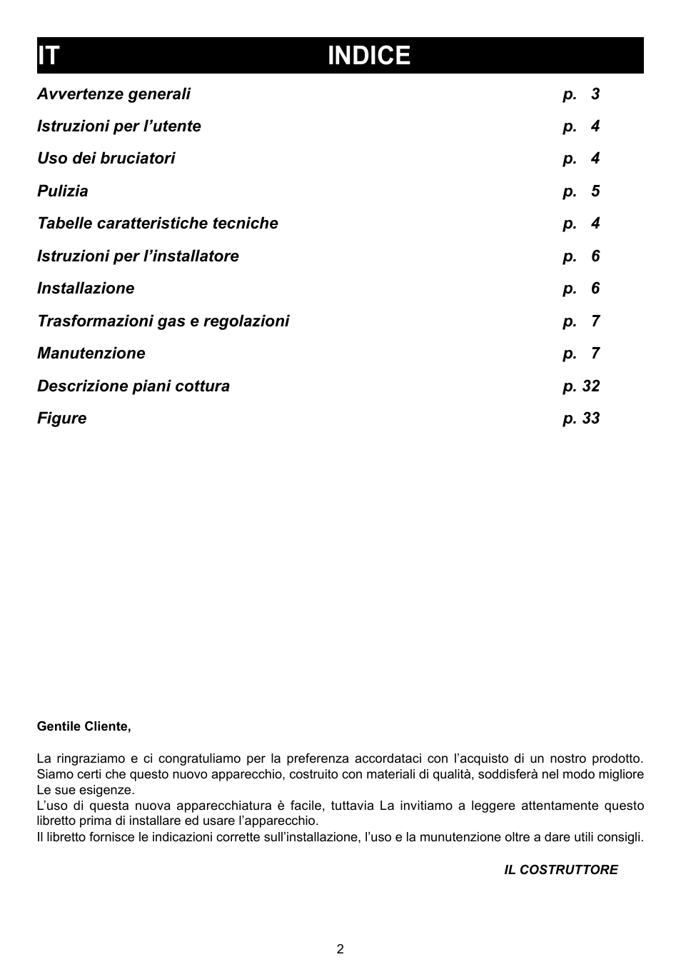 It indice | Bompani BO 210 VB/N User Manual | Page 2 / 36