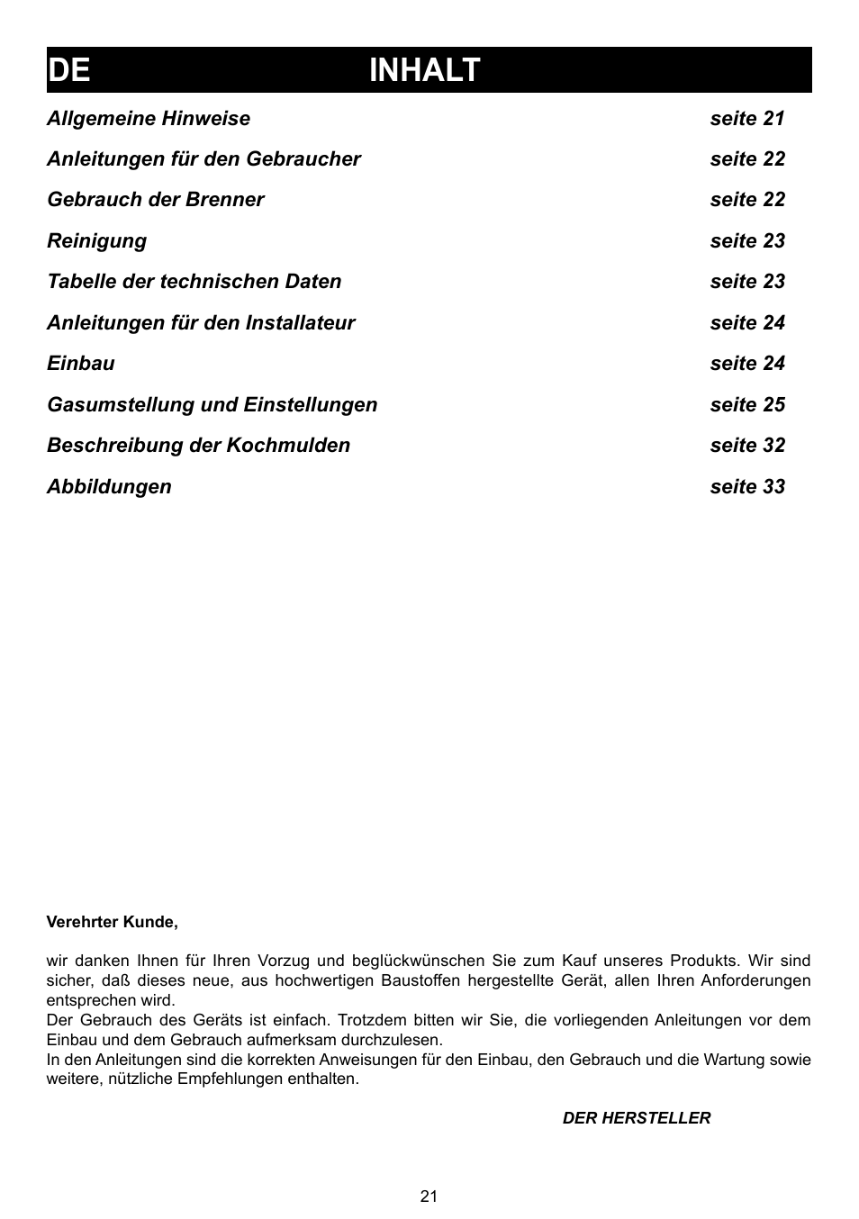 De inhalt | Bompani BO 210 VB/N User Manual | Page 21 / 36