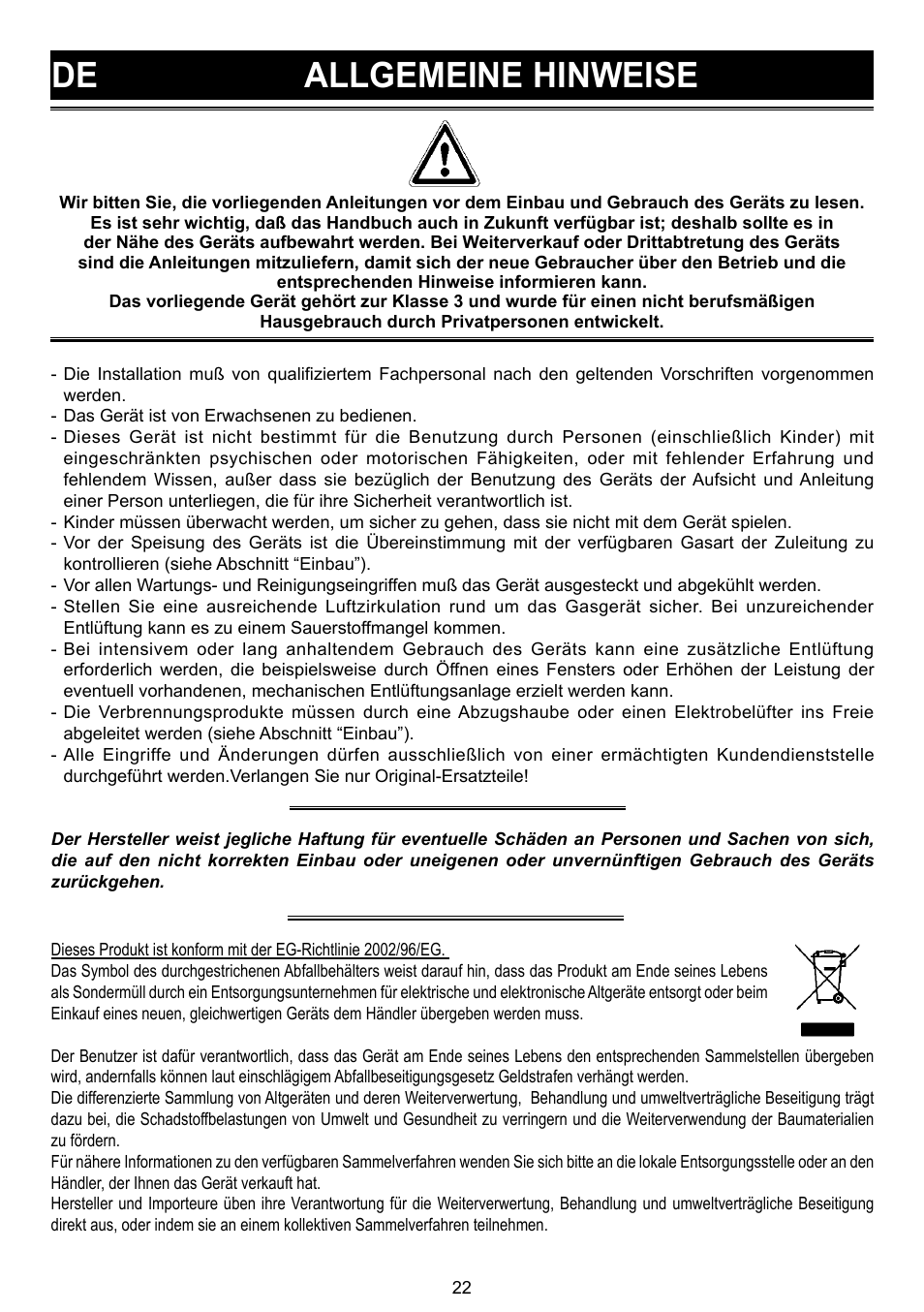 De allgemeine hinweise | Bompani BO 210 VB/N User Manual | Page 22 / 36