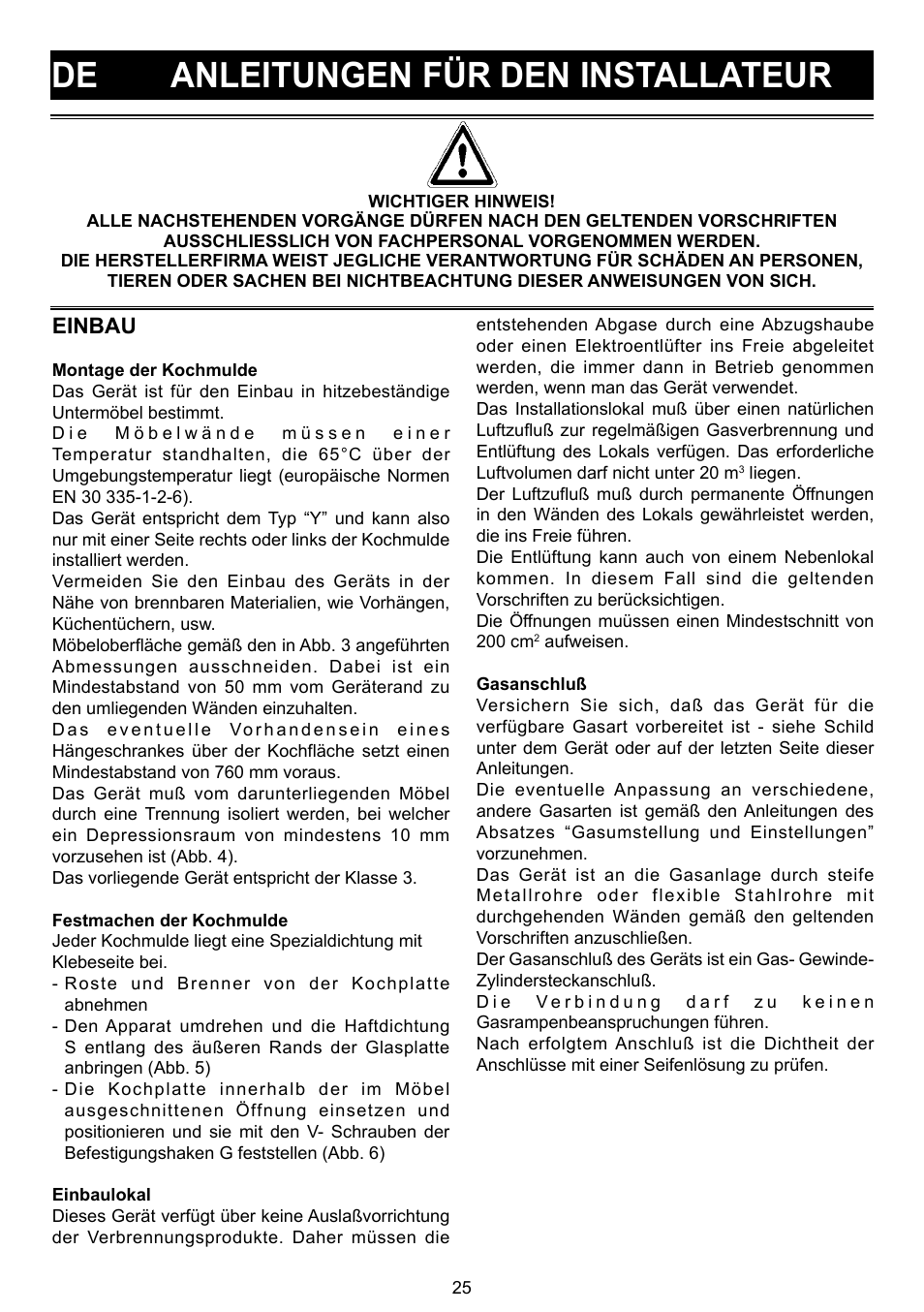 De anleitungen für den installateur, Einbau | Bompani BO 210 VB/N User Manual | Page 25 / 36