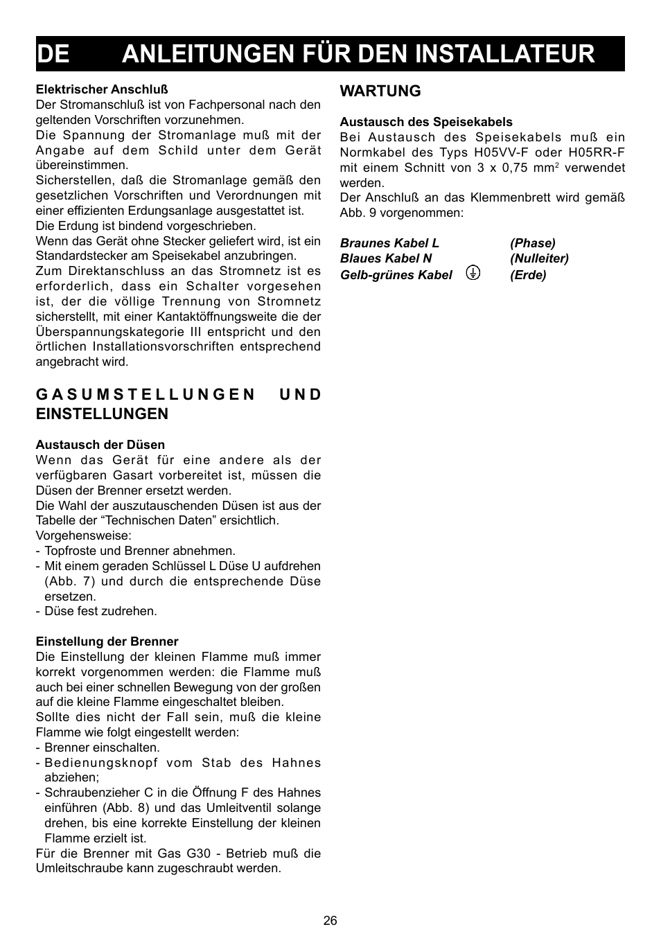 De anleitungen für den installateur | Bompani BO 210 VB/N User Manual | Page 26 / 36