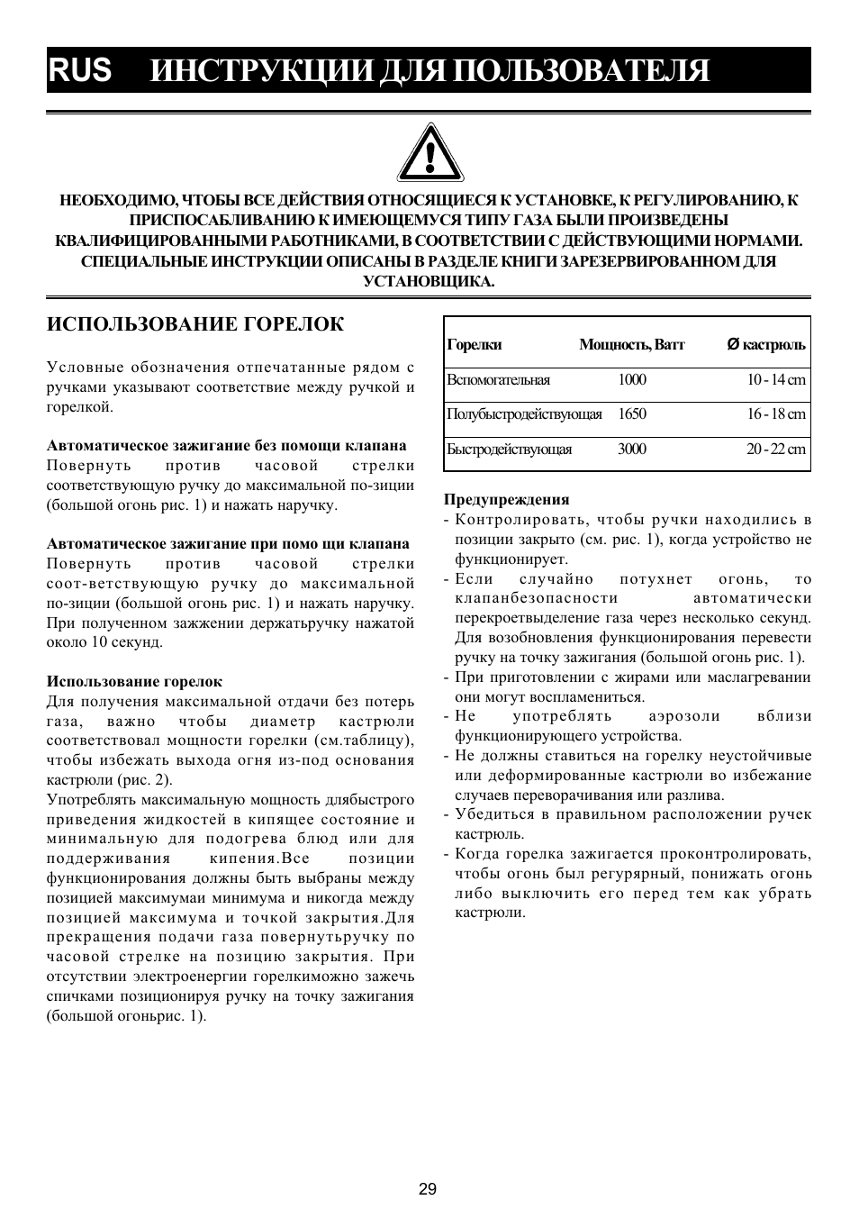 Rus èíñòðóêöèè äëß ïîëüçîâàòåëß, Èñïîëüçîâàíèå ãîðåëîê | Bompani BO 210 VB/N User Manual | Page 29 / 36