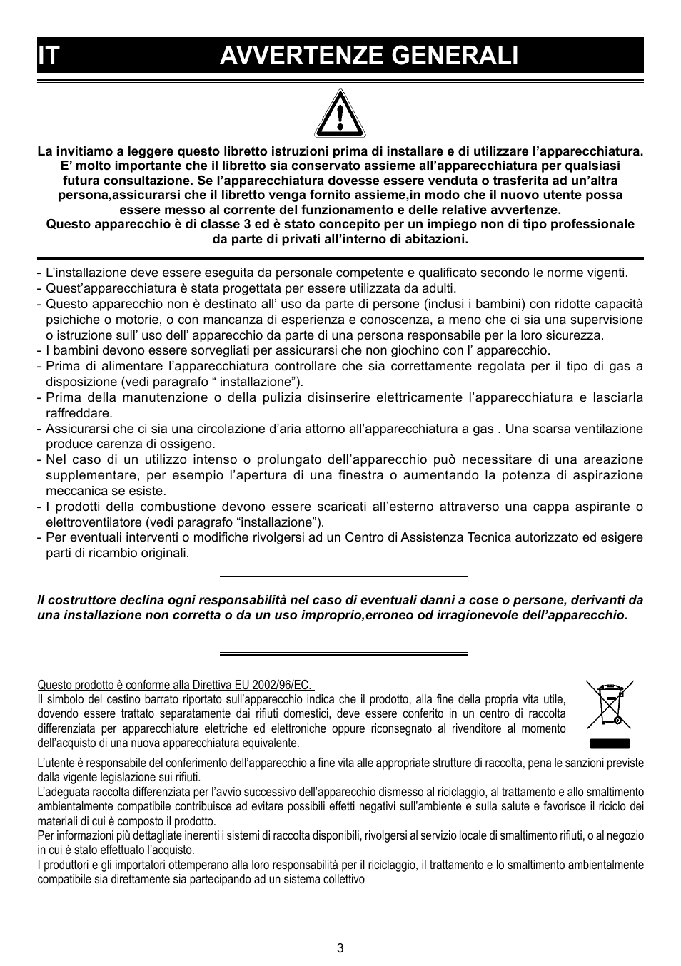 It avvertenze generali | Bompani BO 210 VB/N User Manual | Page 3 / 36