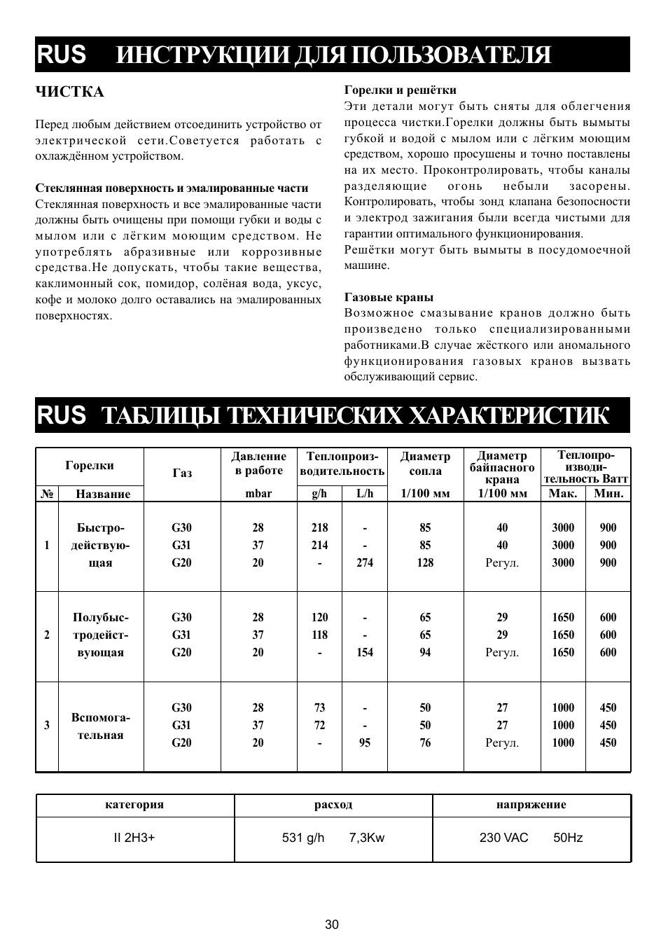 Rus èíñòðóêöèè äëß ïîëüçîâàòåëß, Rus òàáëèöû òåõíè×åñêèõ õàðàêòåðèñòèê, Èñòêà | Bompani BO 210 VB/N User Manual | Page 30 / 36