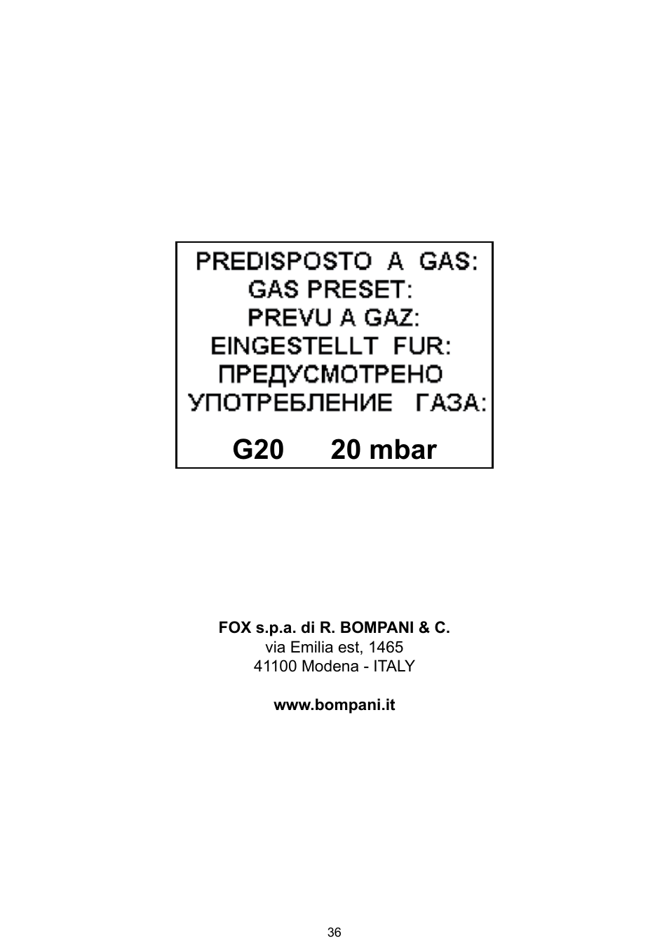 G20 20 mbar | Bompani BO 210 VB/N User Manual | Page 36 / 36