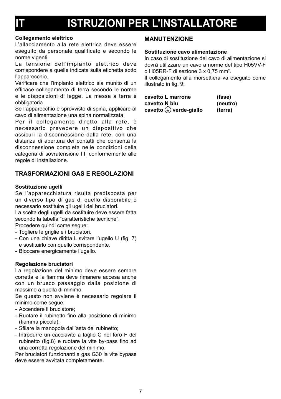 It istruzioni per l’installatore | Bompani BO 210 VB/N User Manual | Page 7 / 36