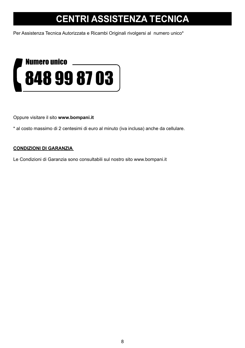 Centri assistenza tecnica | Bompani BO 210 VB/N User Manual | Page 8 / 36