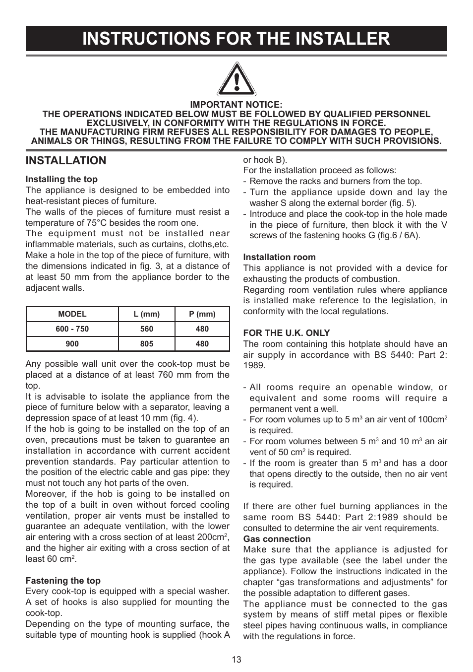 Instructions for the installer, Installation | Bompani BO293MQ/N User Manual | Page 13 / 28