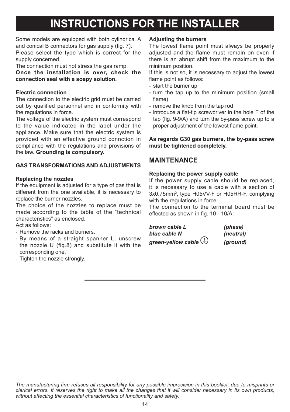 Instructions for the installer, Maintenance | Bompani BO293MQ/N User Manual | Page 14 / 28