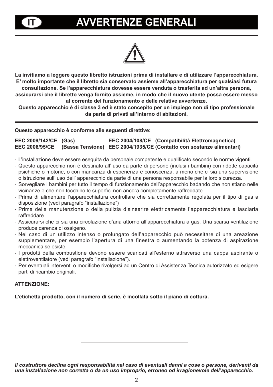 Avvertenze generali | Bompani BO293MQ/N User Manual | Page 2 / 28