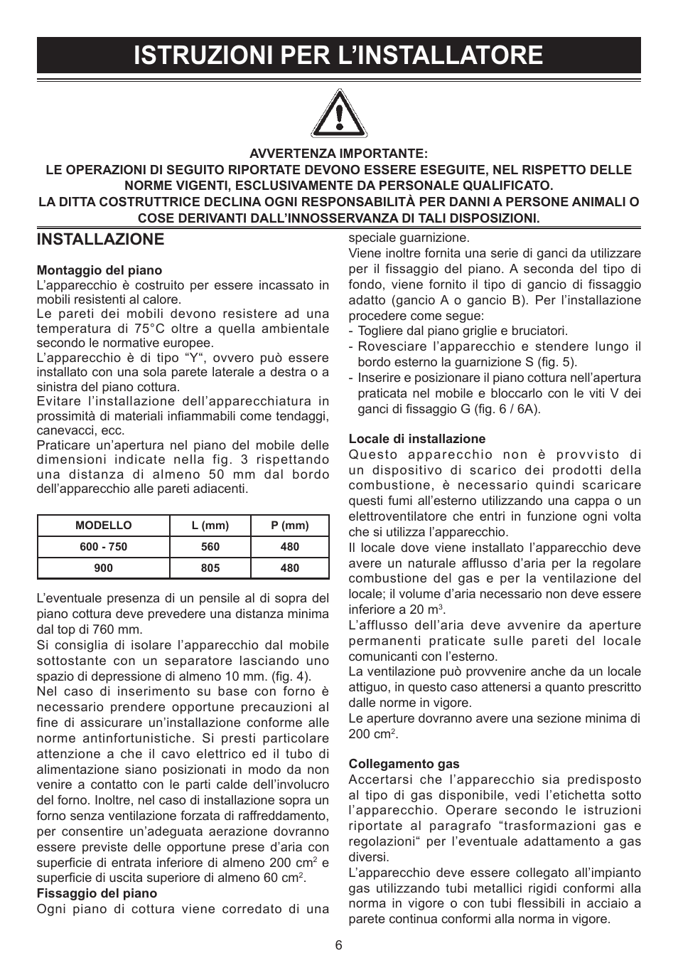 Istruzioni per l’installatore, Installazione | Bompani BO293MQ/N User Manual | Page 6 / 28