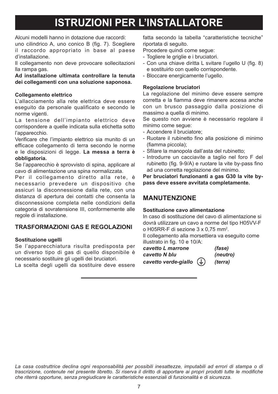 Istruzioni per l’installatore, Manutenzione | Bompani BO293MQ/N User Manual | Page 7 / 28
