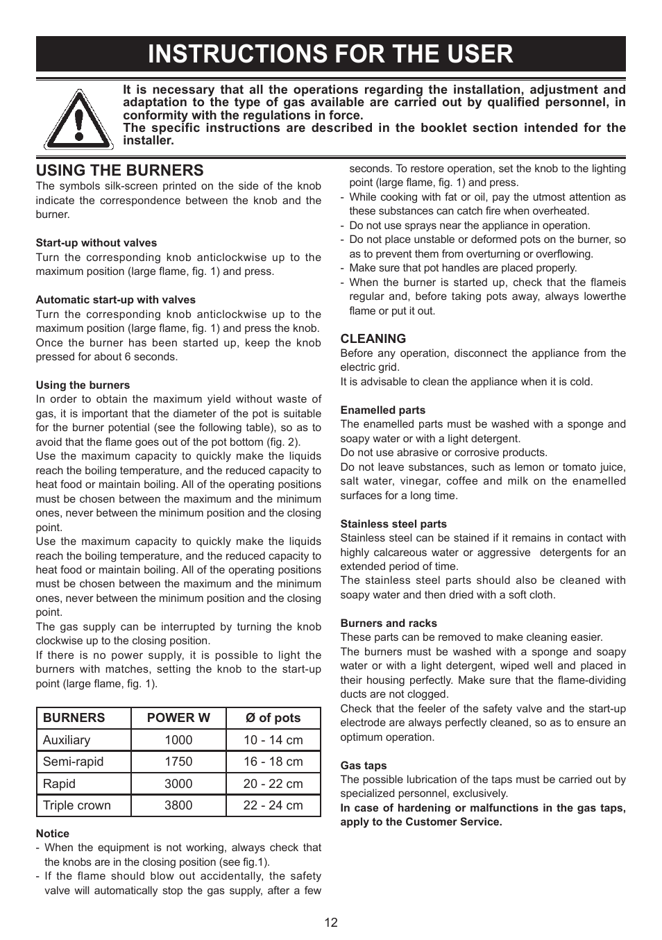 Instructions for the user, Using the burners | Bompani BO294MB/N User Manual | Page 12 / 28