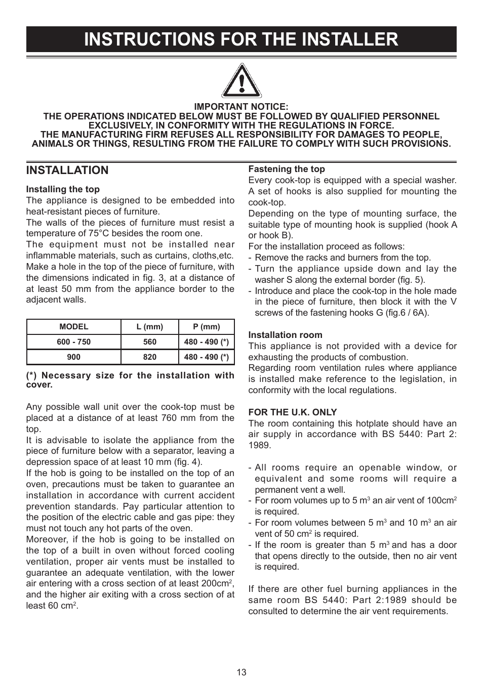 Instructions for the installer, Installation | Bompani BO294MB/N User Manual | Page 13 / 28