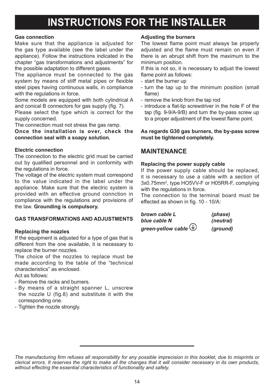 Instructions for the installer, Maintenance | Bompani BO294MB/N User Manual | Page 14 / 28