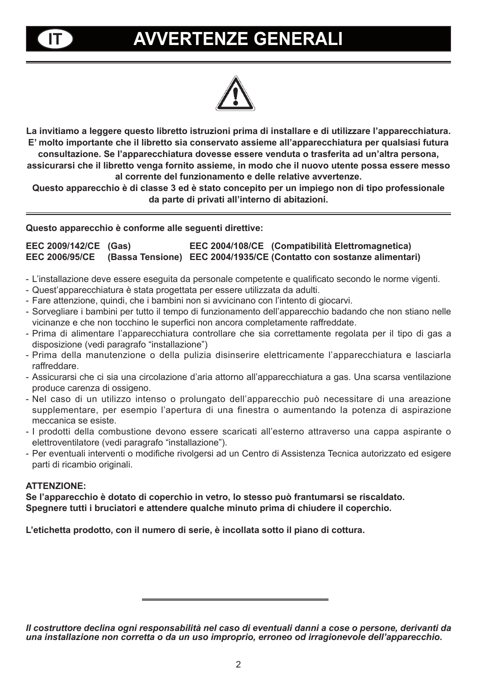 Avvertenze generali | Bompani BO294MB/N User Manual | Page 2 / 28