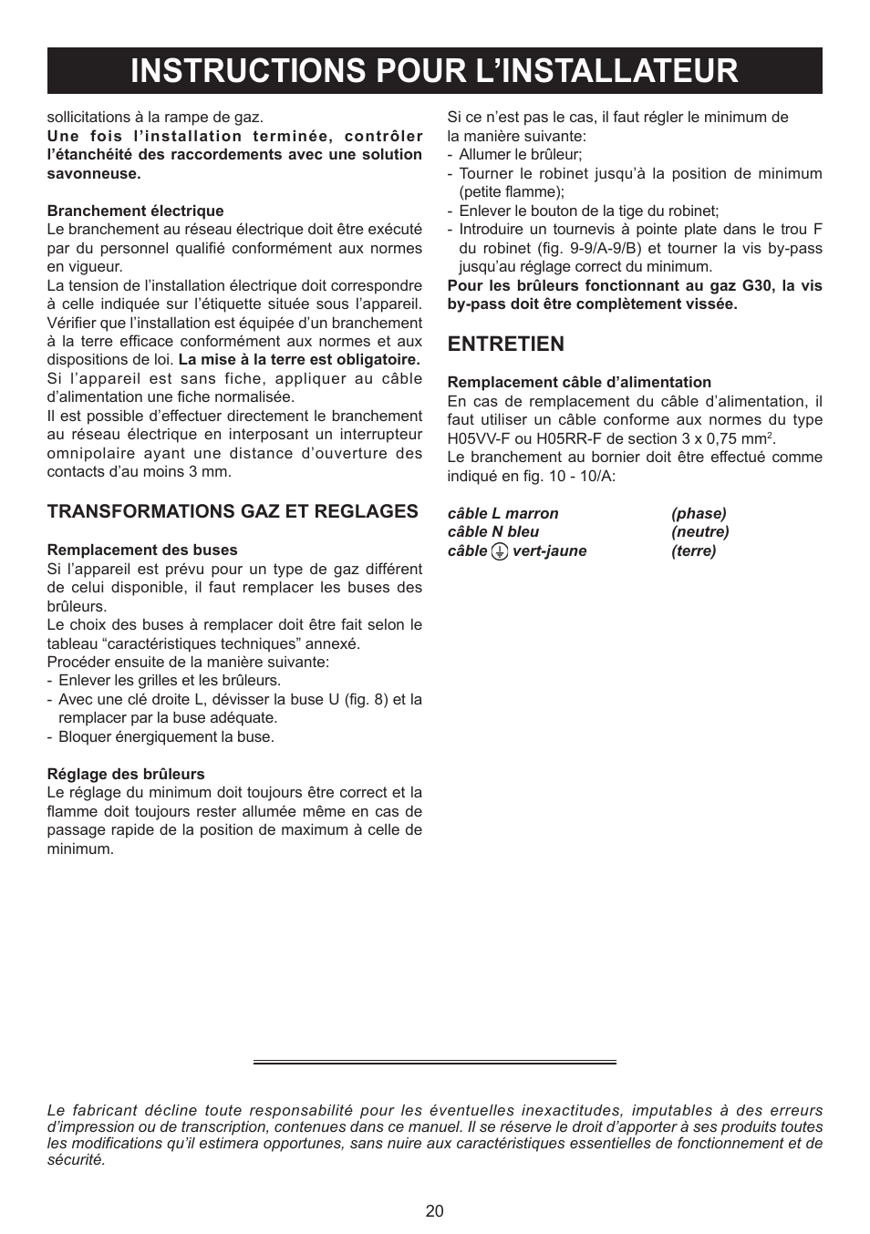 Instructions pour l’installateur, Entretien | Bompani BO294MB/N User Manual | Page 20 / 28