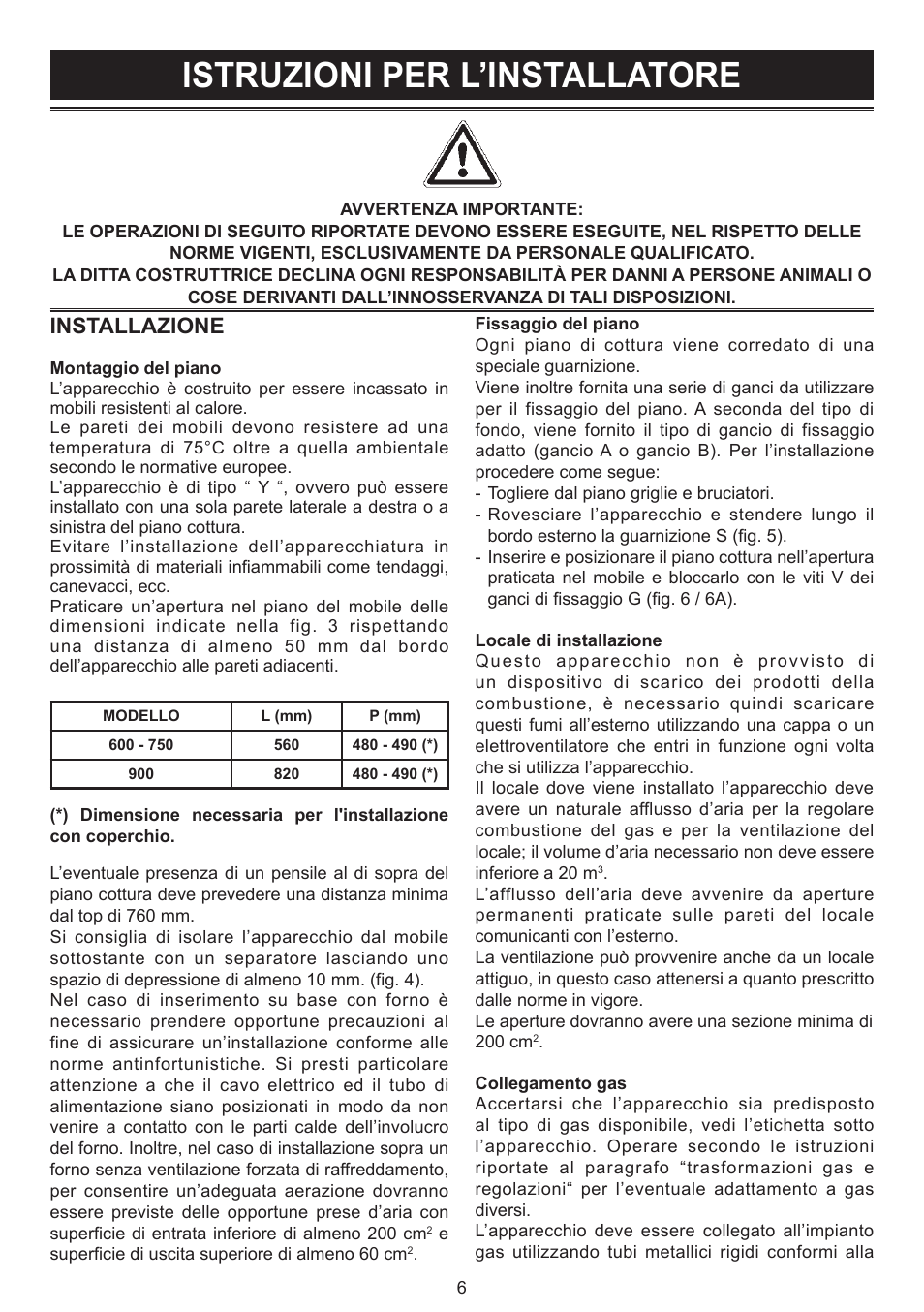 Istruzioni per l’installatore, Installazione | Bompani BO294MB/N User Manual | Page 6 / 28