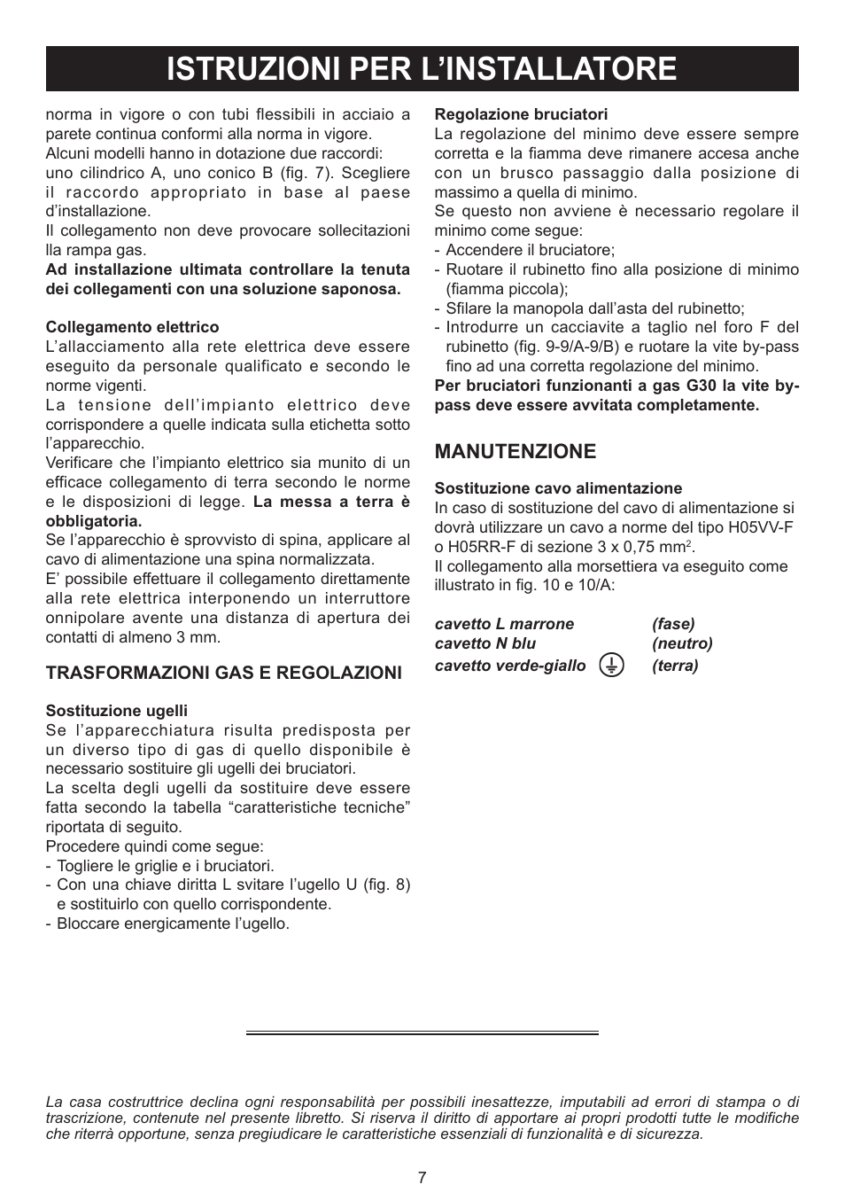 Istruzioni per l’installatore, Manutenzione | Bompani BO294MB/N User Manual | Page 7 / 28