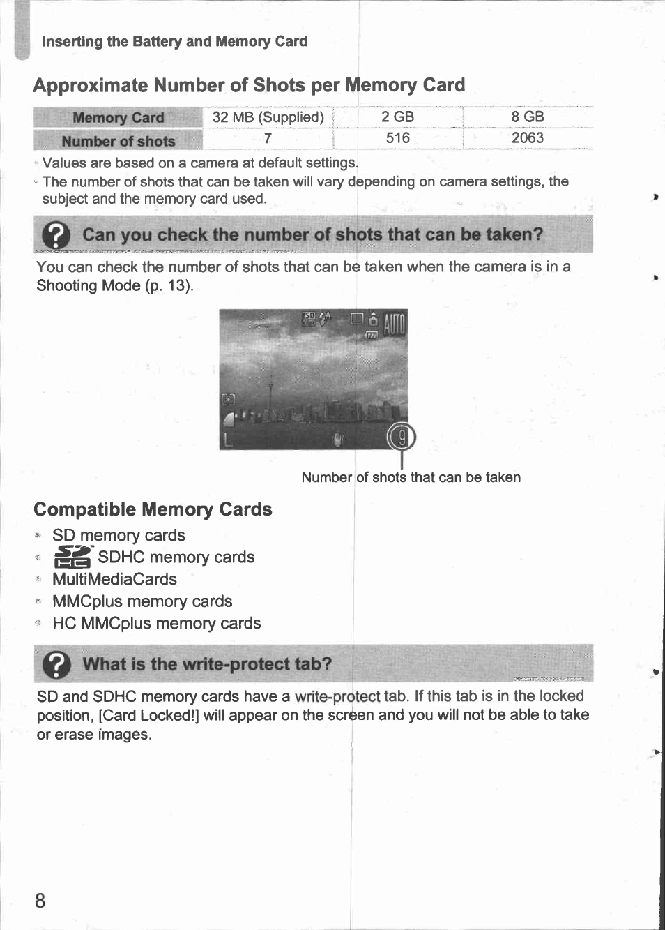 Approximate number of shots per memory card, Compatible memory cards | Canon IXUS 980 IS User Manual | Page 10 / 36