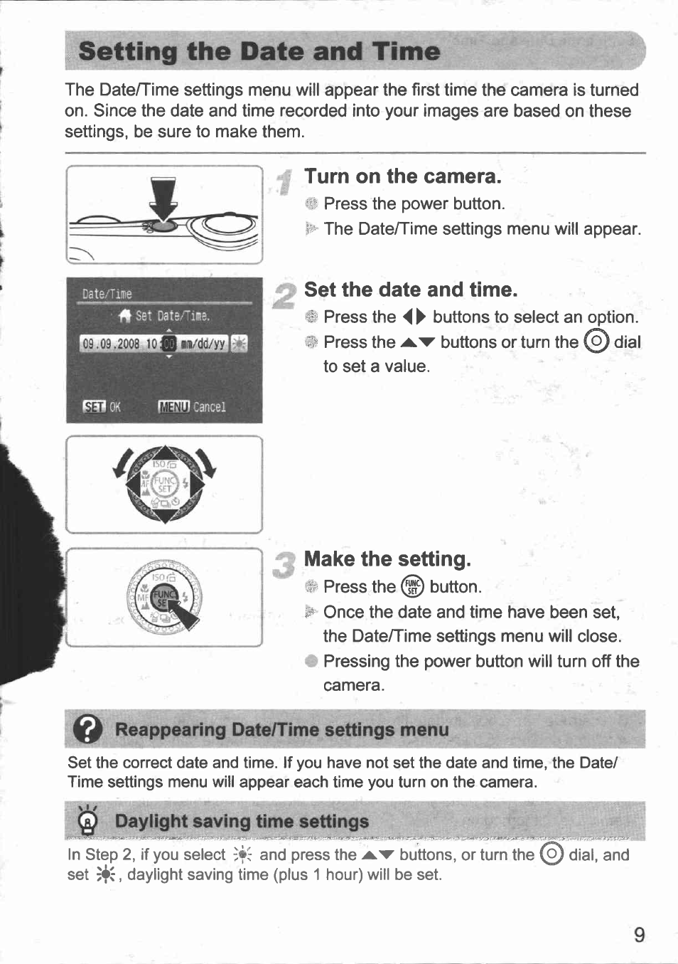 Turn on the camera, 2 set the date and time, Make the setting | Setting the date and time | Canon IXUS 980 IS User Manual | Page 11 / 36