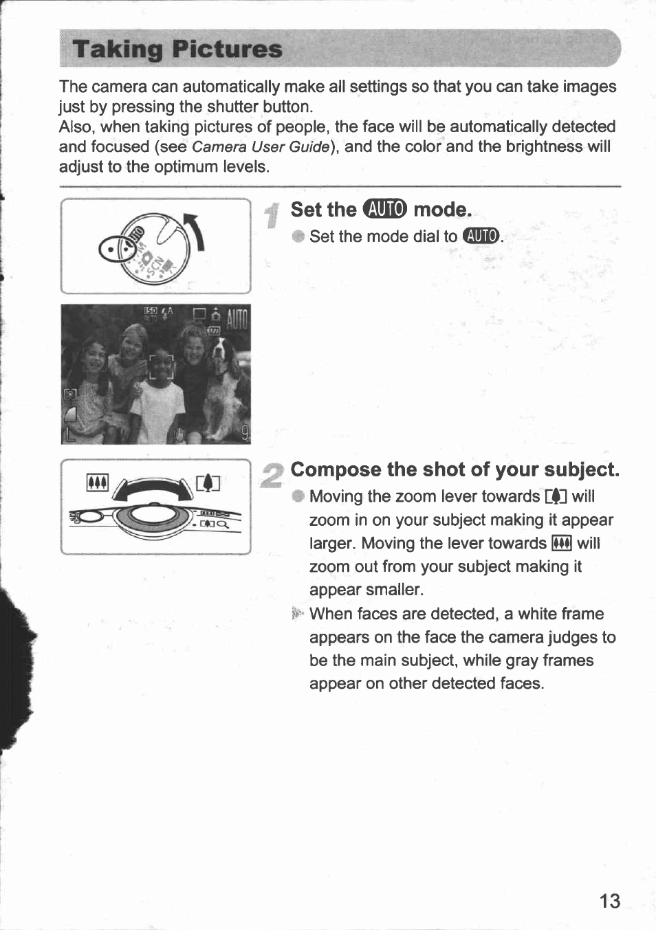 Y set the dqs) mode, Compose the shot of your subject, Taking pictures | Canon IXUS 980 IS User Manual | Page 15 / 36