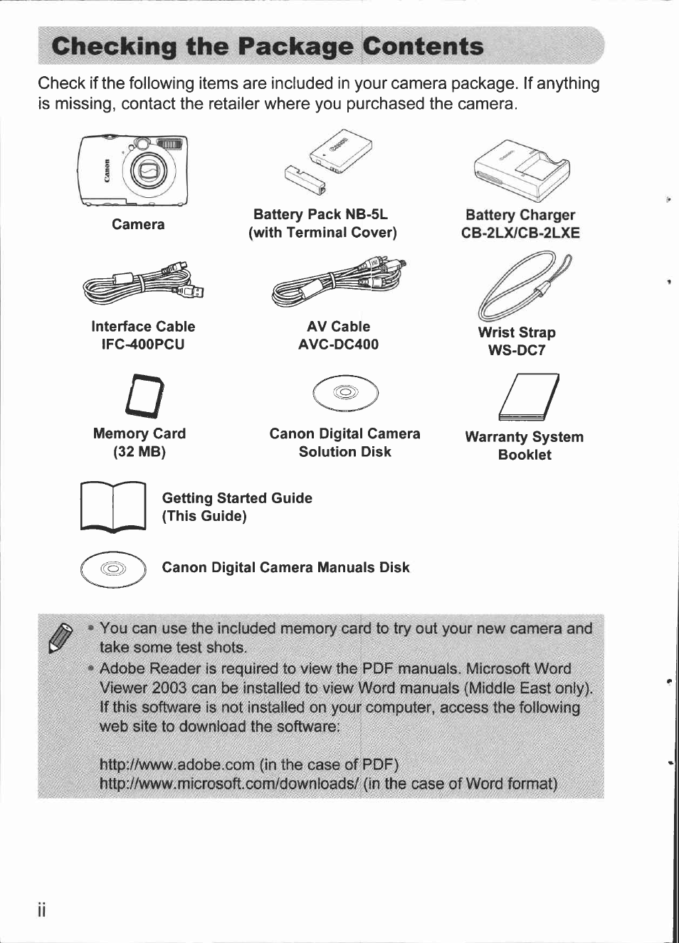 Checking the package contents | Canon IXUS 980 IS User Manual | Page 2 / 36