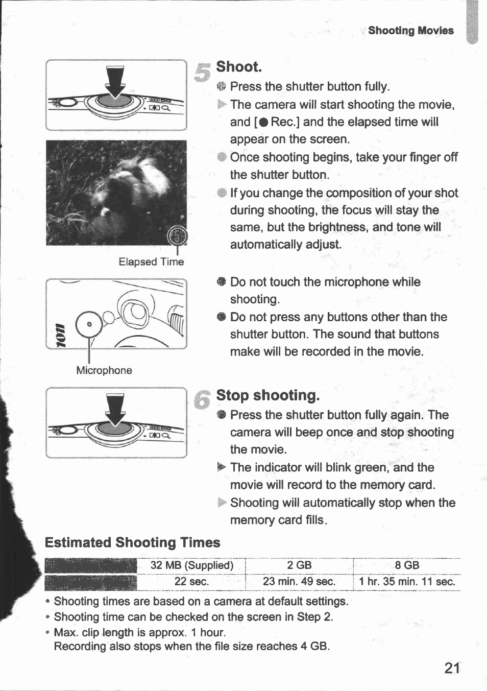 Shoot, 0 stop shooting, Estimated shooting times | A^b^ppliecjy | Canon IXUS 980 IS User Manual | Page 23 / 36