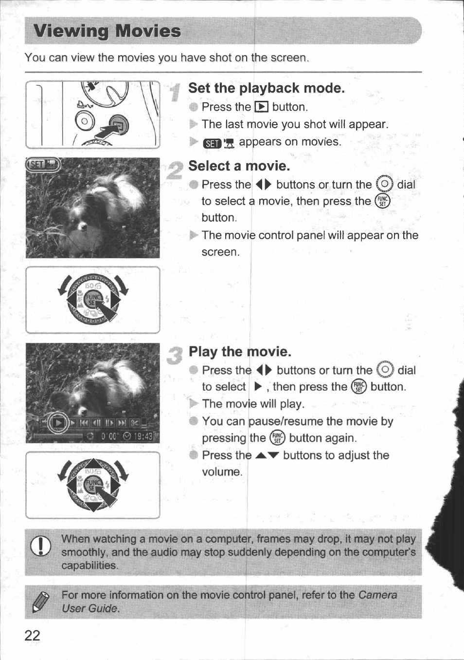 Set the playback mode, Select a movie, 2 play the movie | Viewing movies, 2play the movie | Canon IXUS 980 IS User Manual | Page 24 / 36