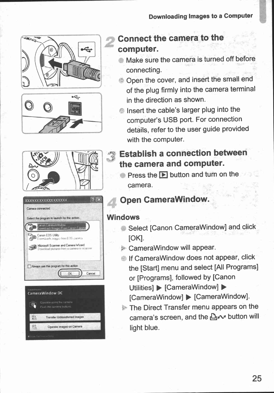 Connect the camera to the computer, Open camerawindow | Canon IXUS 980 IS User Manual | Page 27 / 36