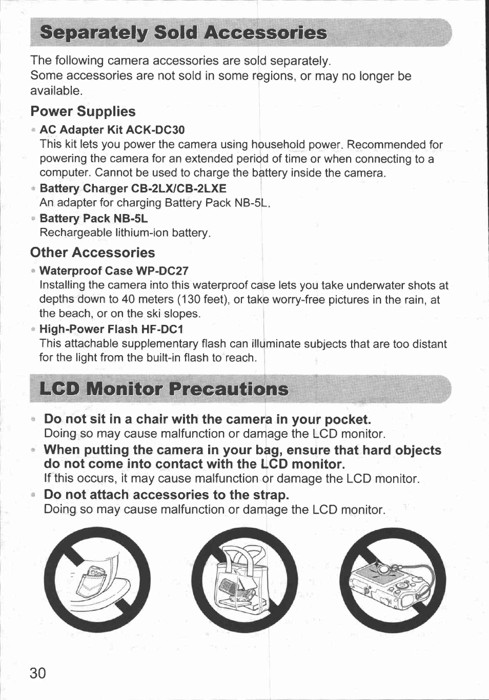 Separately sold accessories, Lcd monitor precautions | Canon IXUS 980 IS User Manual | Page 32 / 36