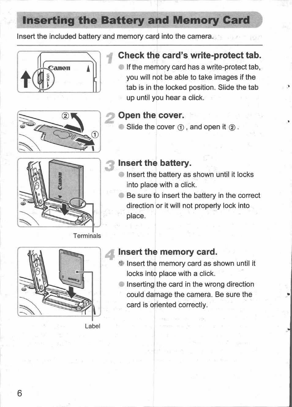 Check thé card’s write-protect tab, Insert the battery, Insert the memory card | Canon IXUS 980 IS User Manual | Page 8 / 36