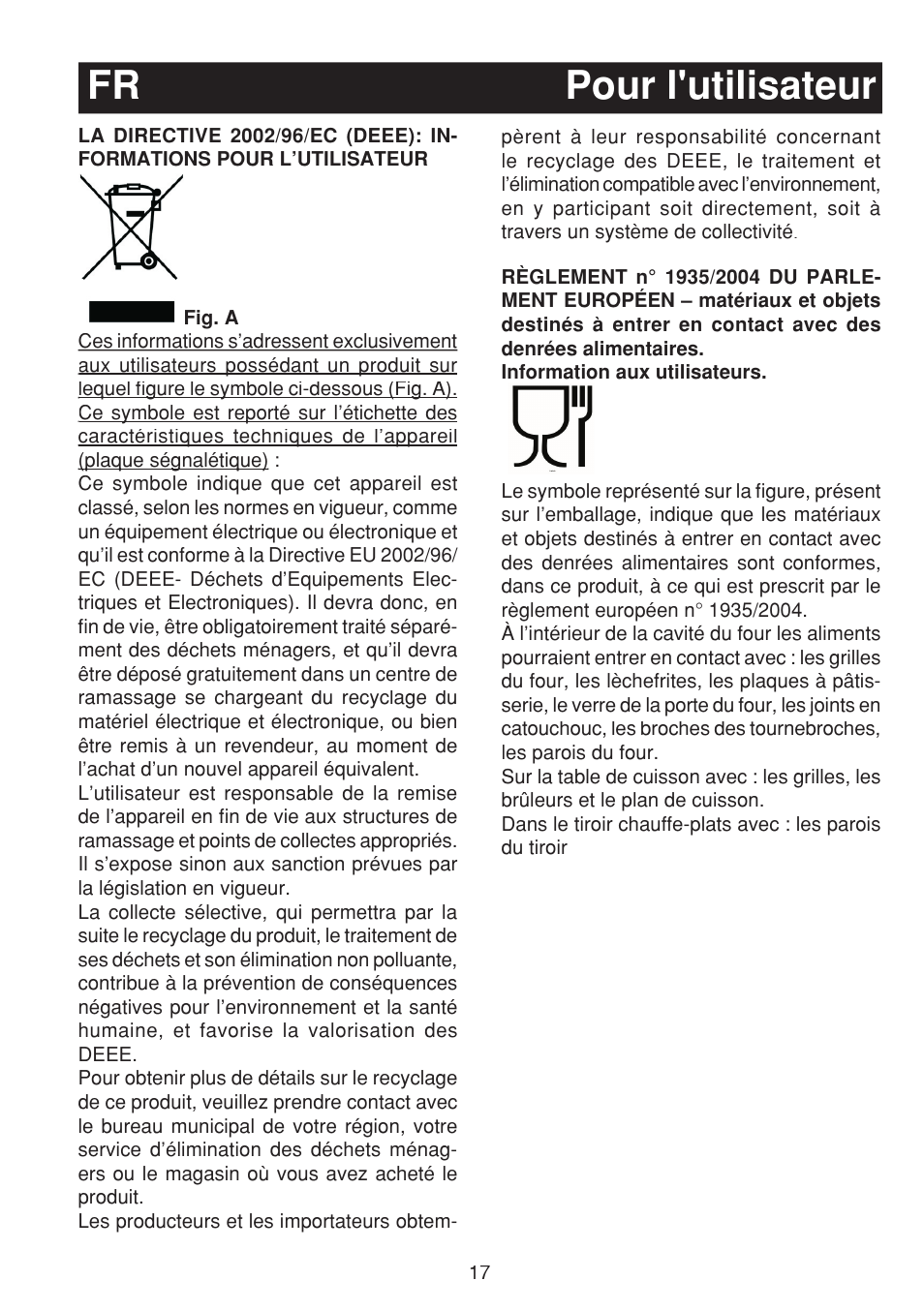 Pour l'utilisateur fr | Bompani BO263EB/E User Manual | Page 17 / 68