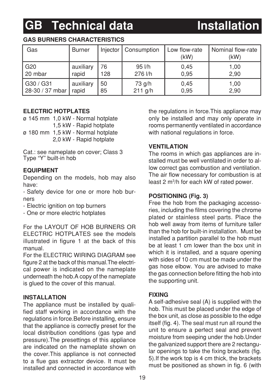 Technical data gb installation | Bompani BO263EB/E User Manual | Page 19 / 68