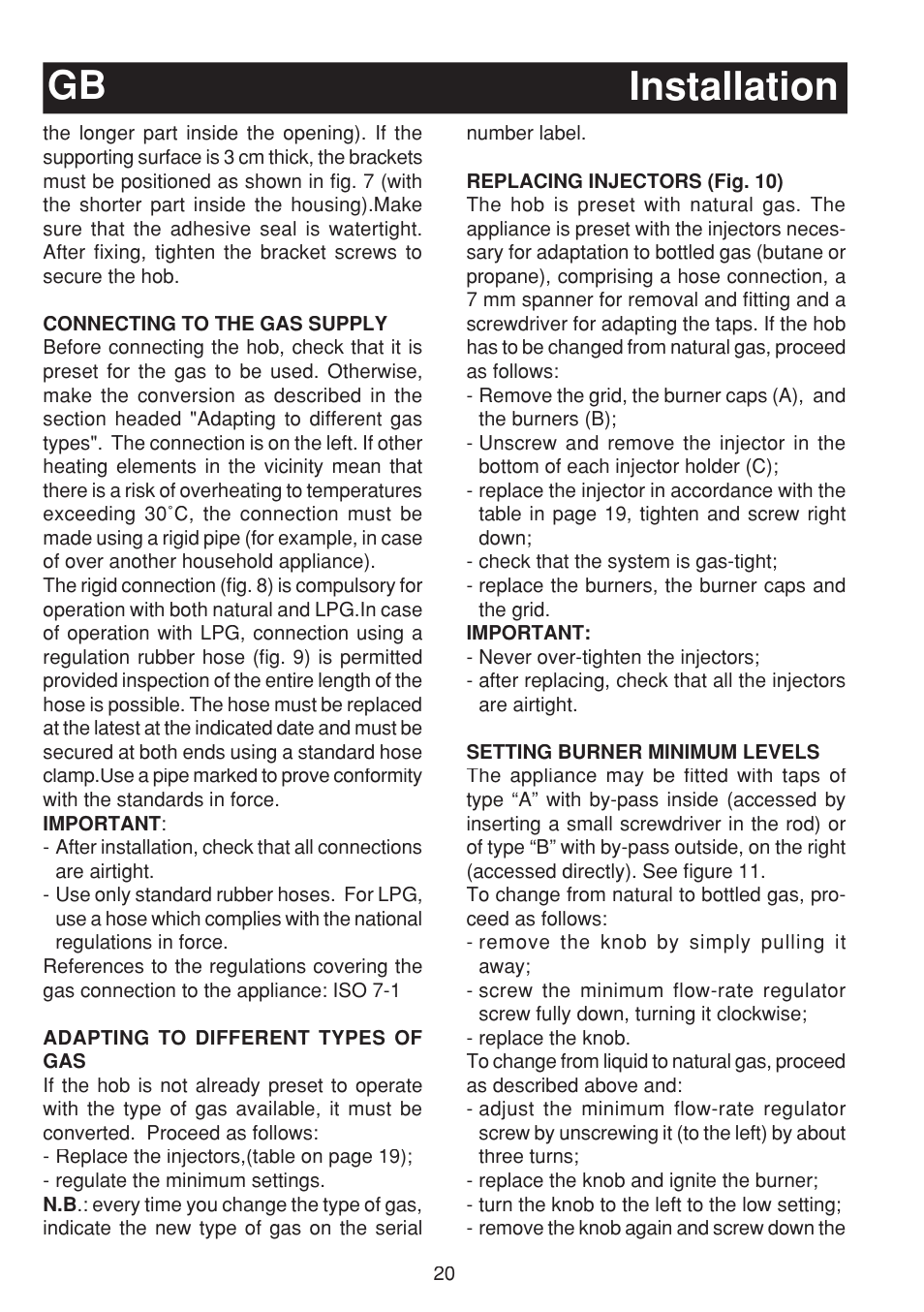 Installation gb | Bompani BO263EB/E User Manual | Page 20 / 68