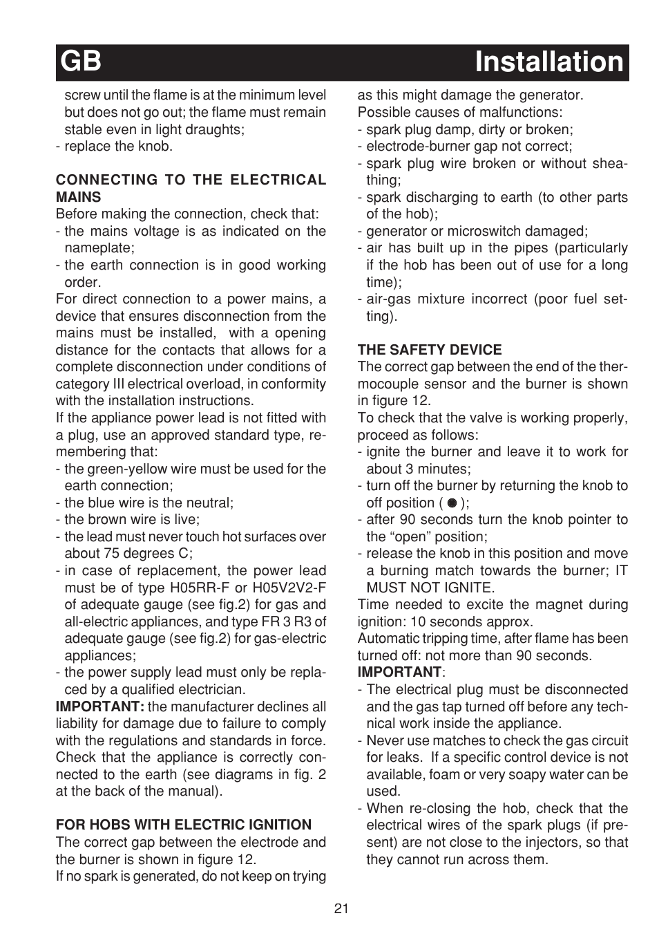 Installation gb | Bompani BO263EB/E User Manual | Page 21 / 68