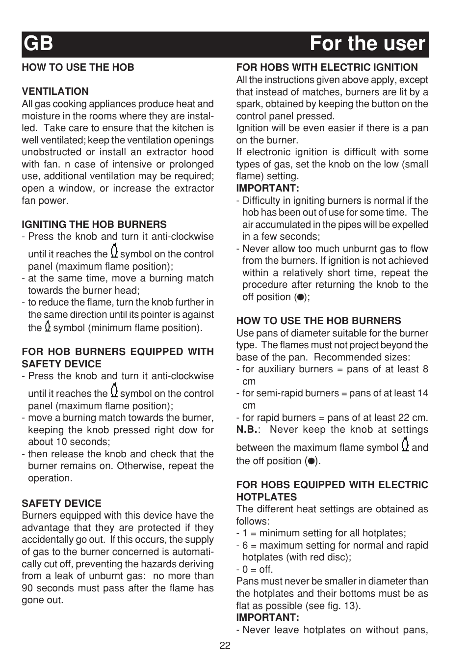 Gb for the user | Bompani BO263EB/E User Manual | Page 22 / 68