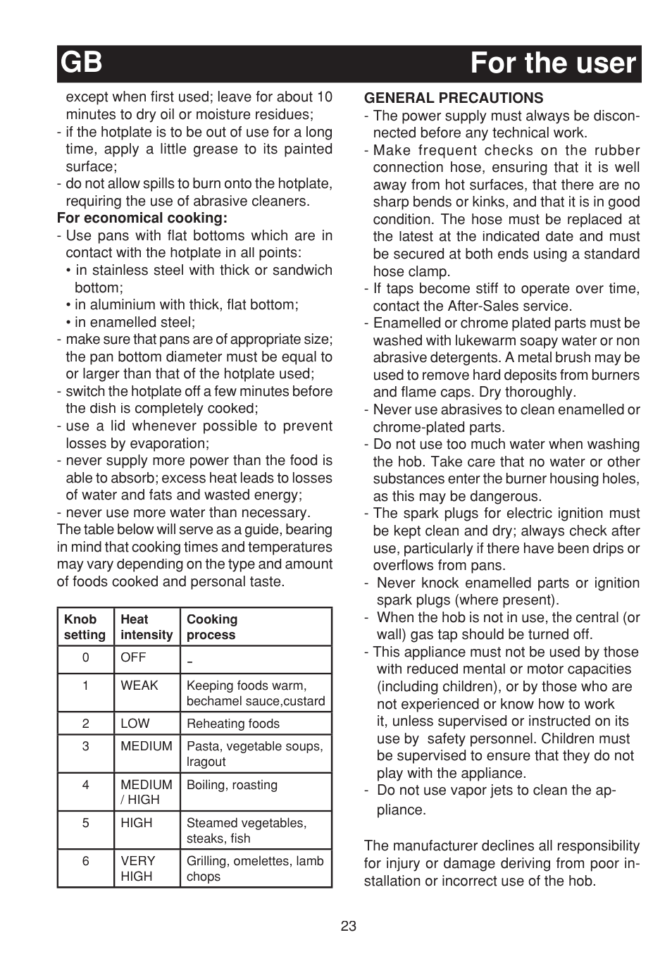 For the user gb | Bompani BO263EB/E User Manual | Page 23 / 68