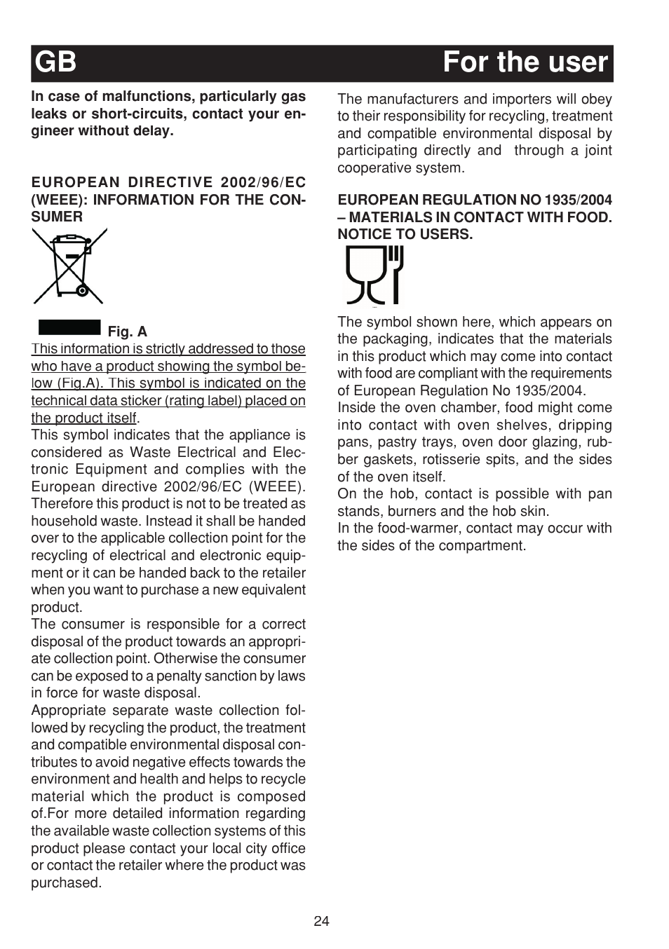 For the user gb | Bompani BO263EB/E User Manual | Page 24 / 68