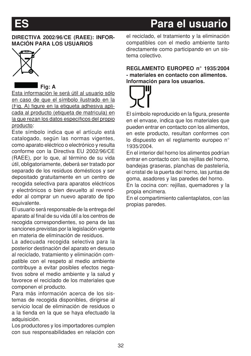 Para el usuario es | Bompani BO263EB/E User Manual | Page 32 / 68
