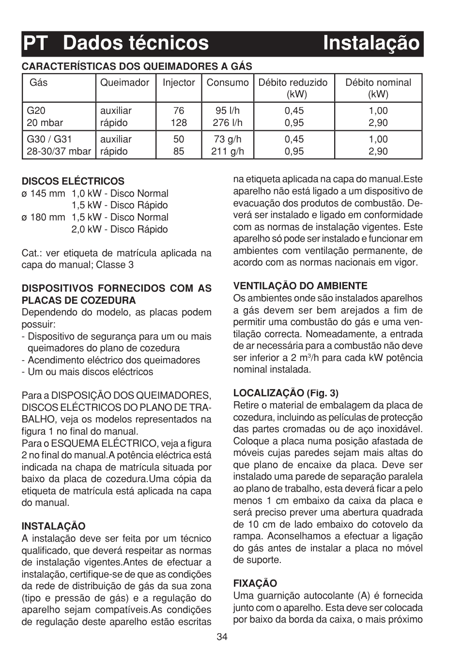 Dados técnicos pt instalação | Bompani BO263EB/E User Manual | Page 34 / 68