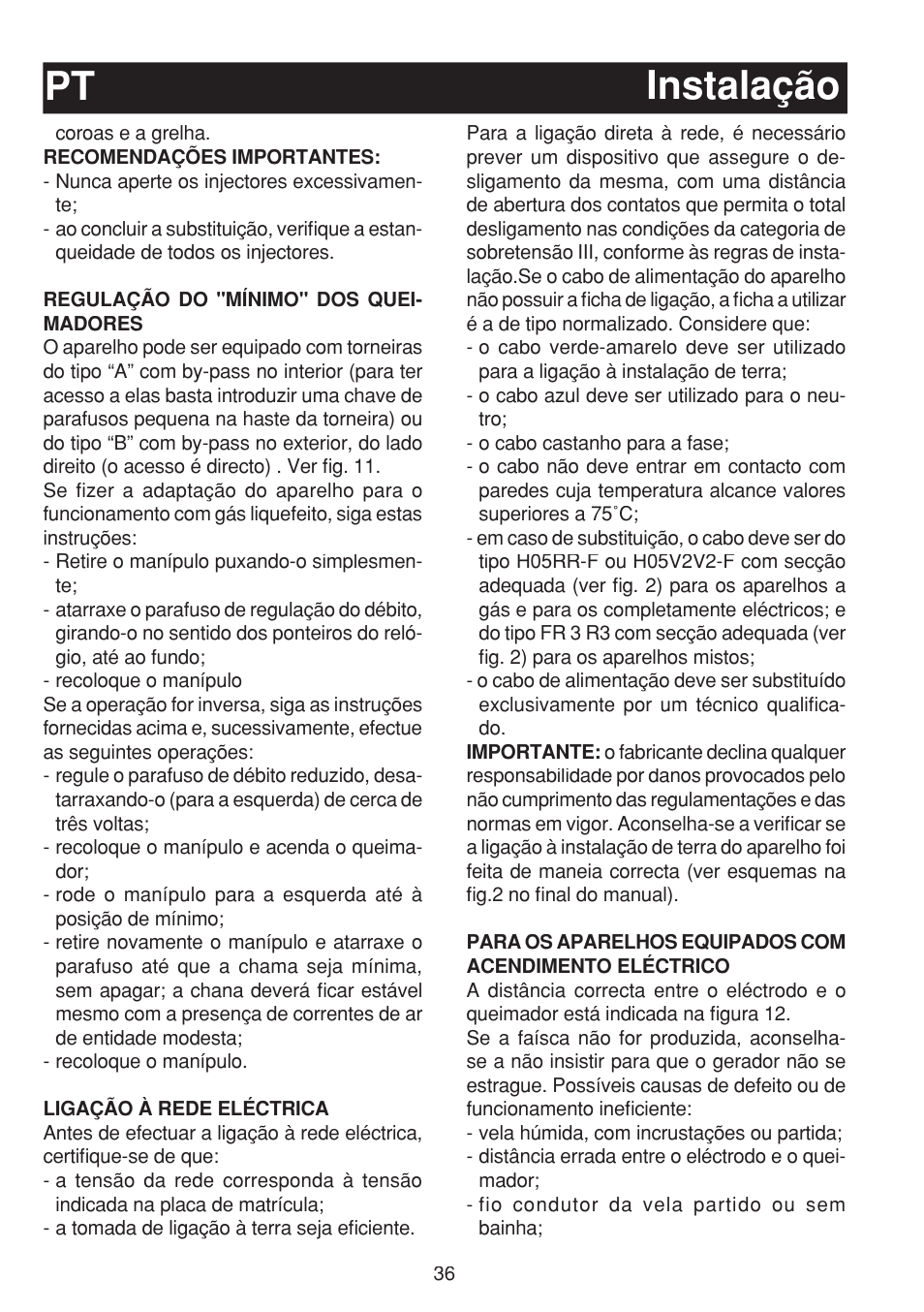 Instalação pt | Bompani BO263EB/E User Manual | Page 36 / 68