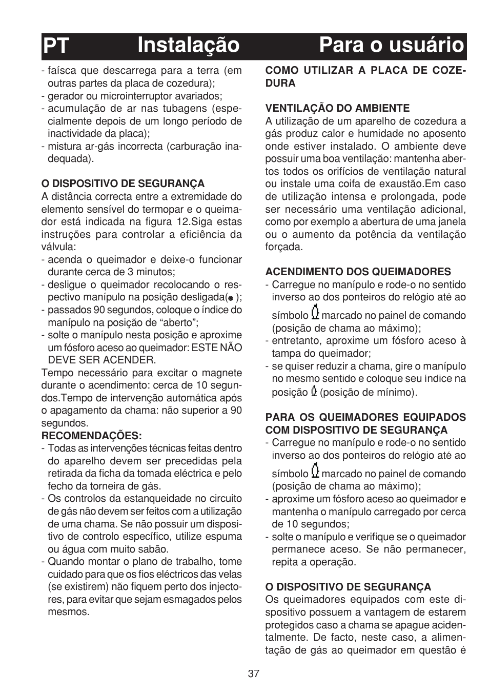 Instalação pt para o usuário | Bompani BO263EB/E User Manual | Page 37 / 68