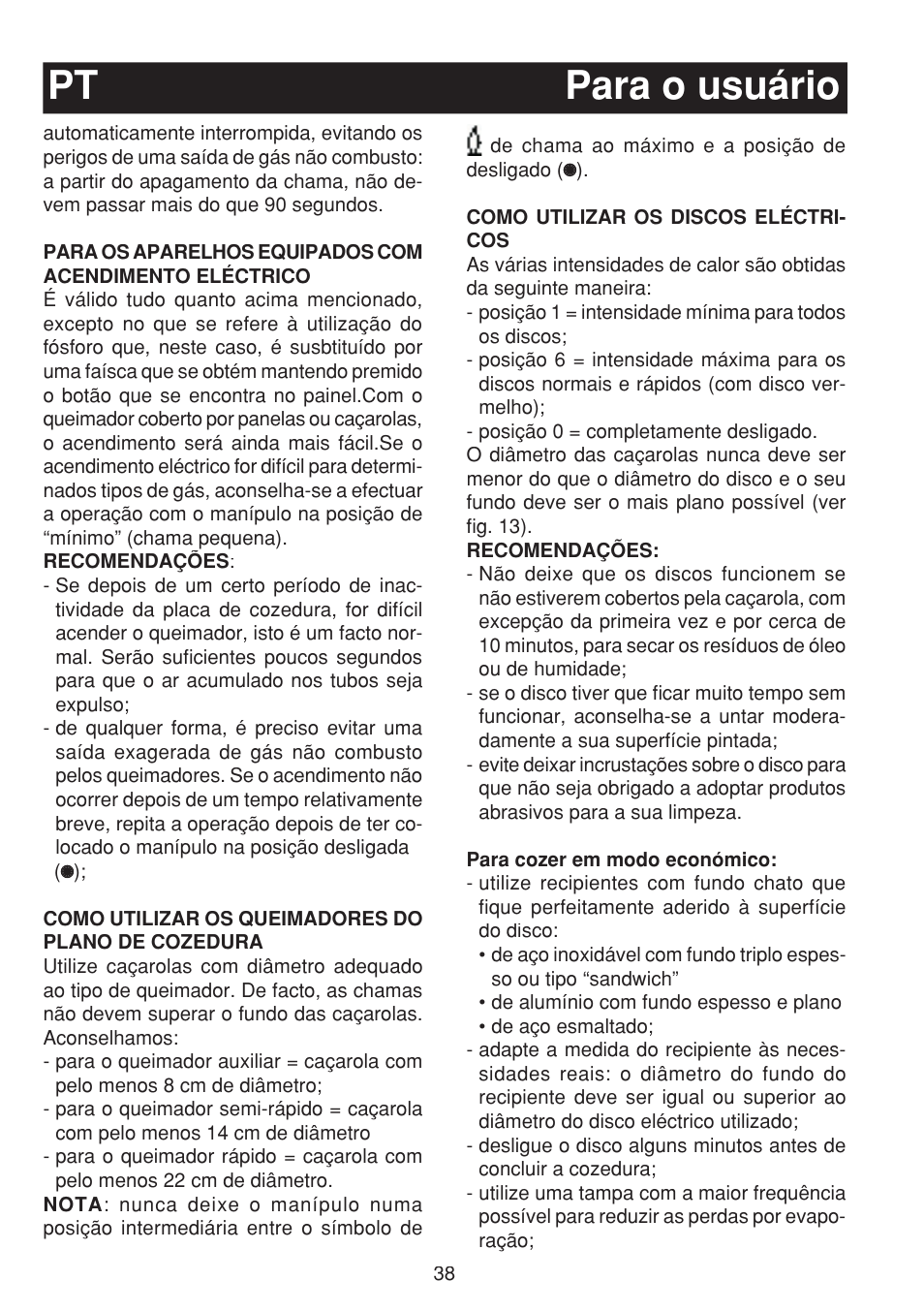Para o usuário pt | Bompani BO263EB/E User Manual | Page 38 / 68