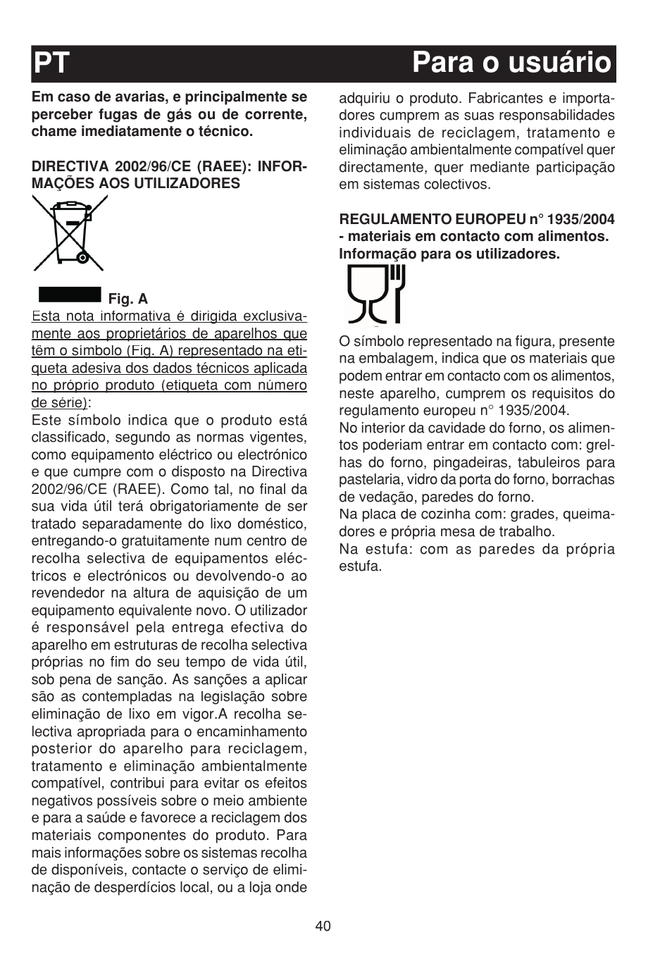 Para o usuário pt | Bompani BO263EB/E User Manual | Page 40 / 68