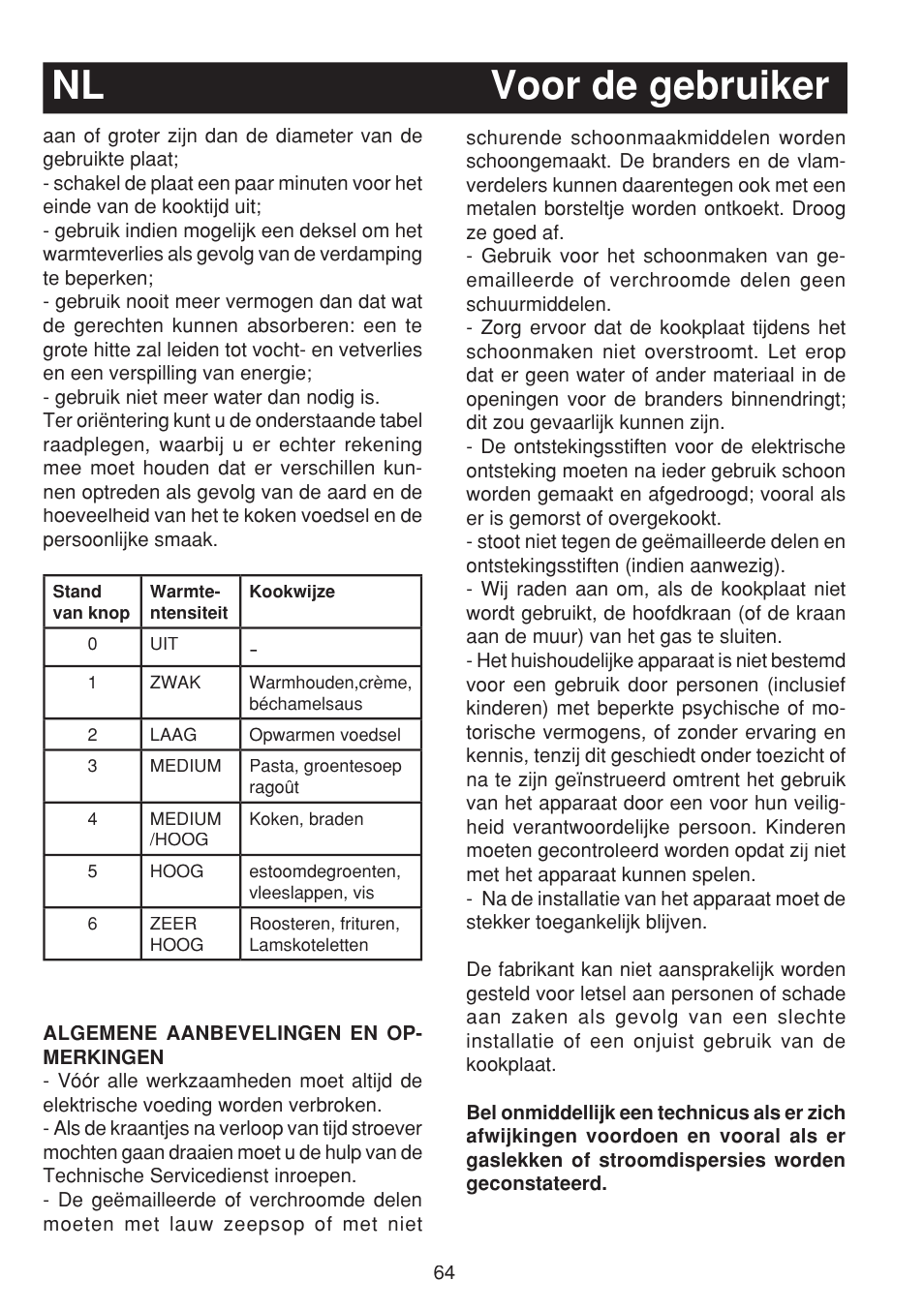 Nl voor de gebruiker | Bompani BO263EB/E User Manual | Page 64 / 68