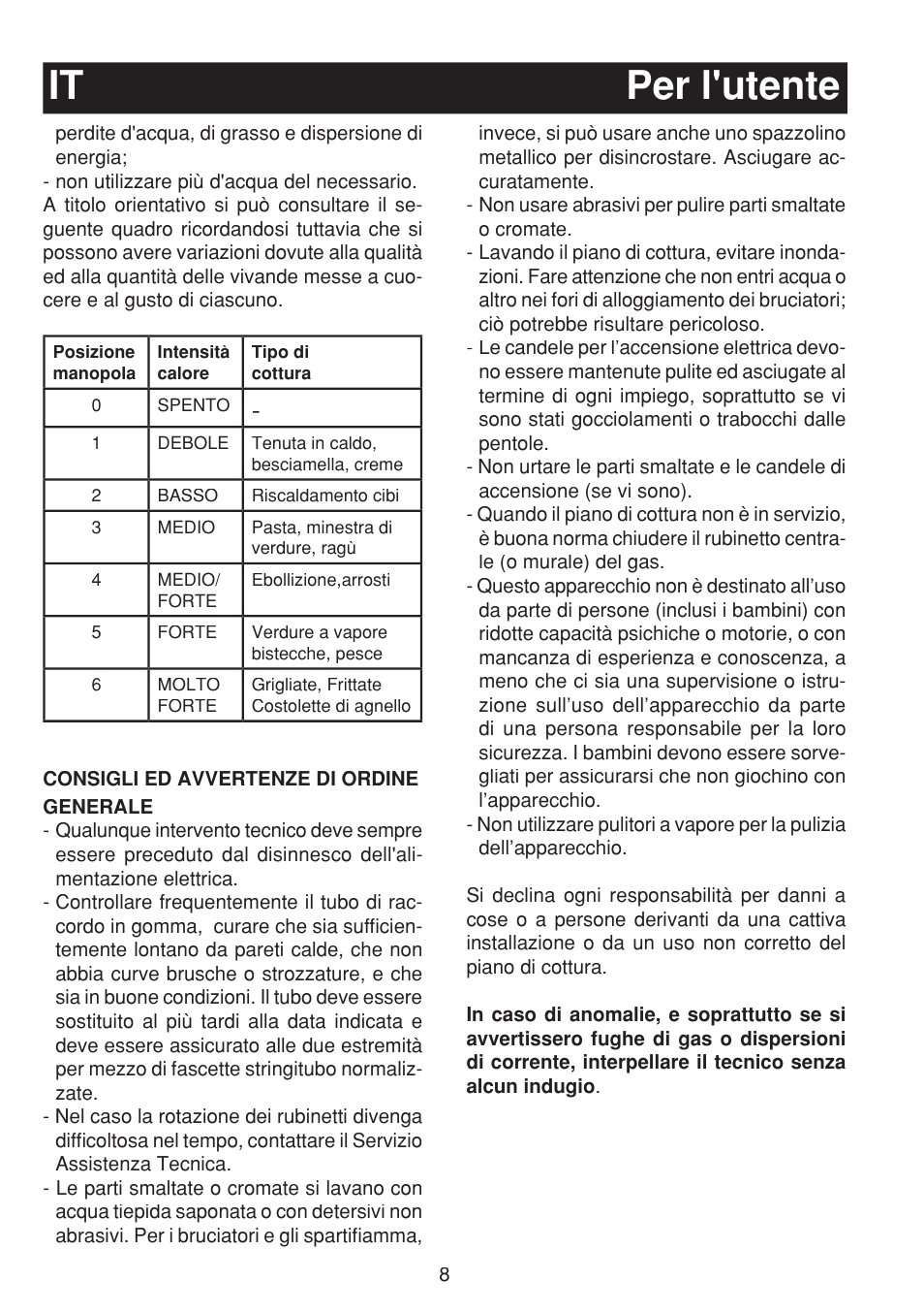 Per l'utente it | Bompani BO263EB/E User Manual | Page 8 / 68