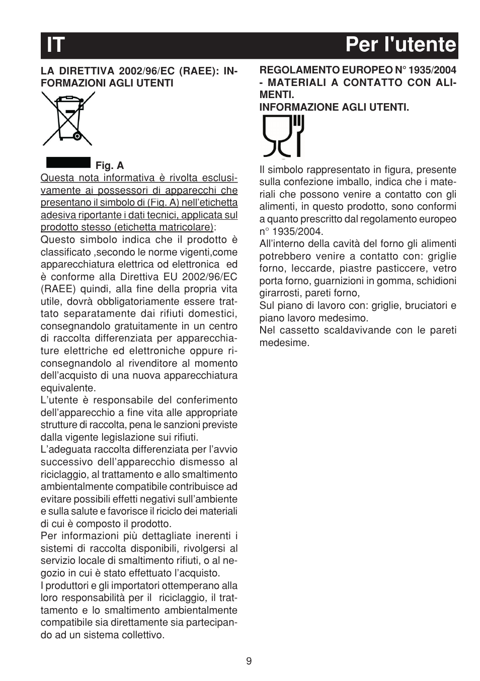 Per l'utente it | Bompani BO263EB/E User Manual | Page 9 / 68