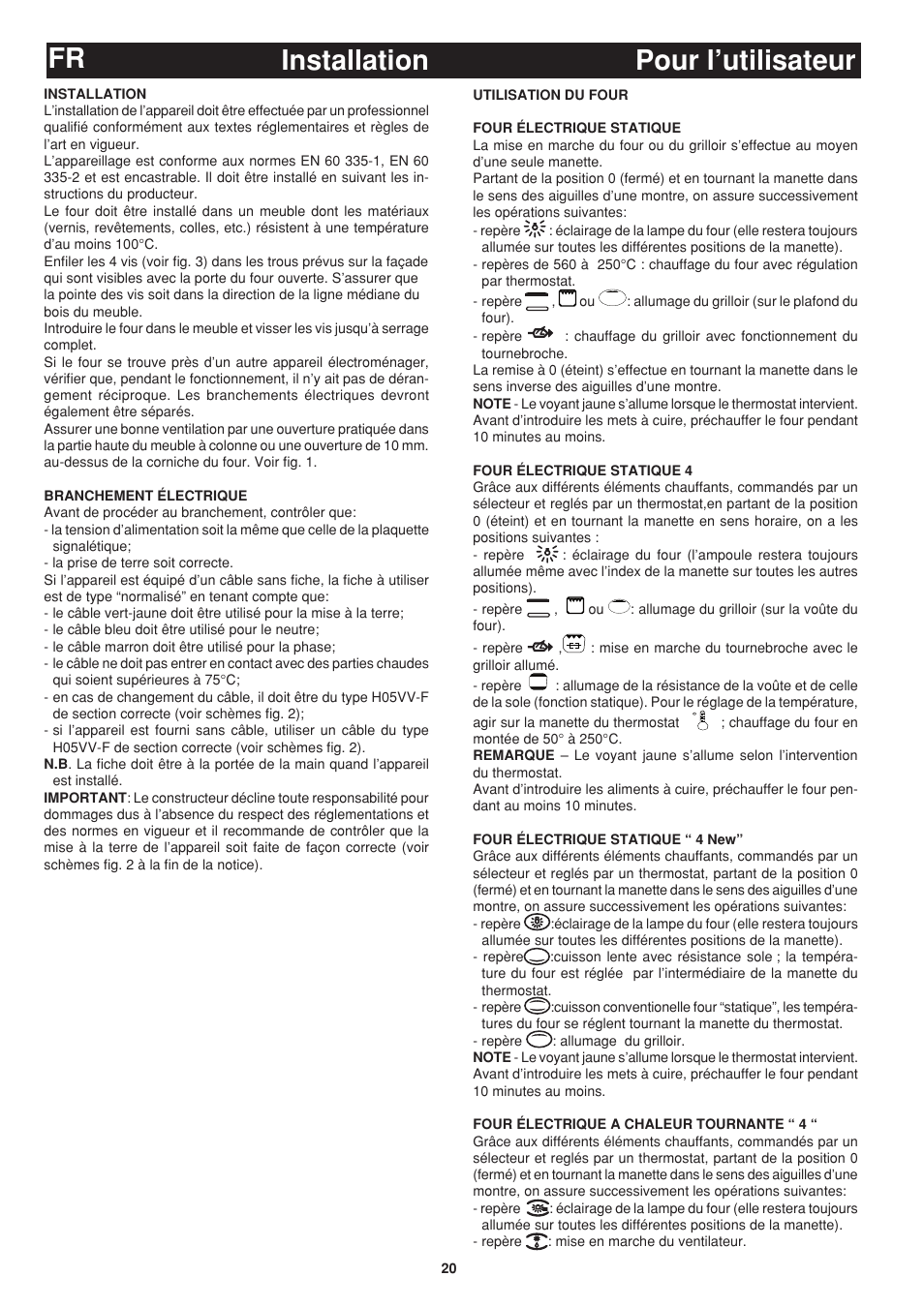 Installation fr, Pour l’utilisateur | Bompani BO243OG/E User Manual | Page 20 / 64